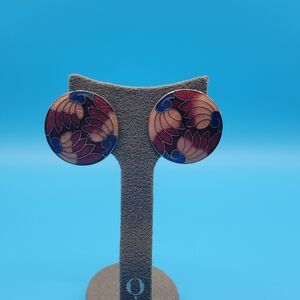 Vintage Cloisonne Flower Pierced Red and Pink Circle Earrings